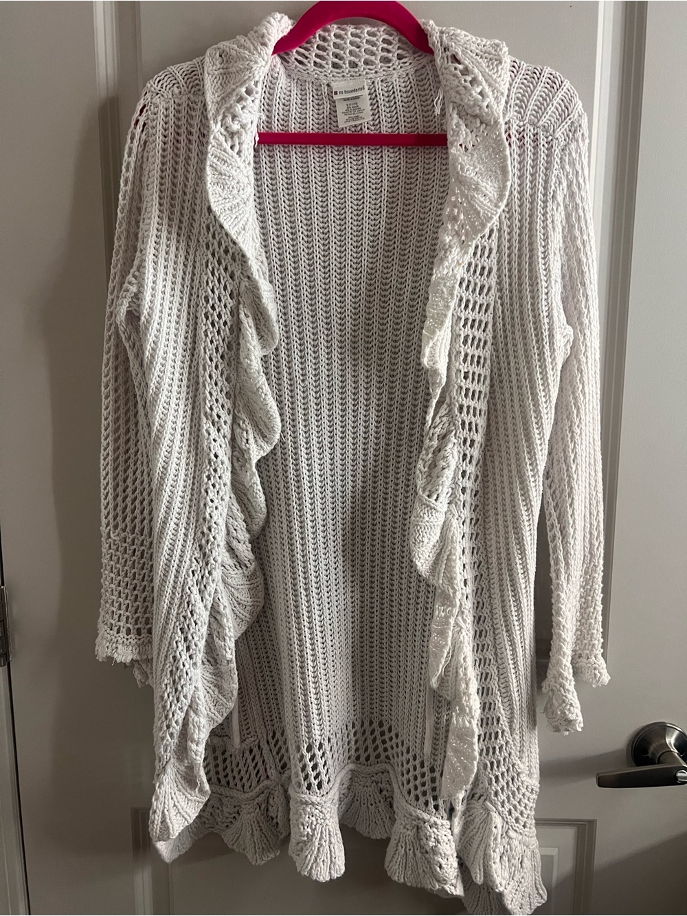 No Boundaries White Crochet Ruffle Open-Front Cardigan